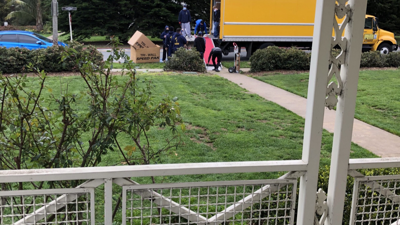 Office boxes and equipment staged for a Florida commercial moving project