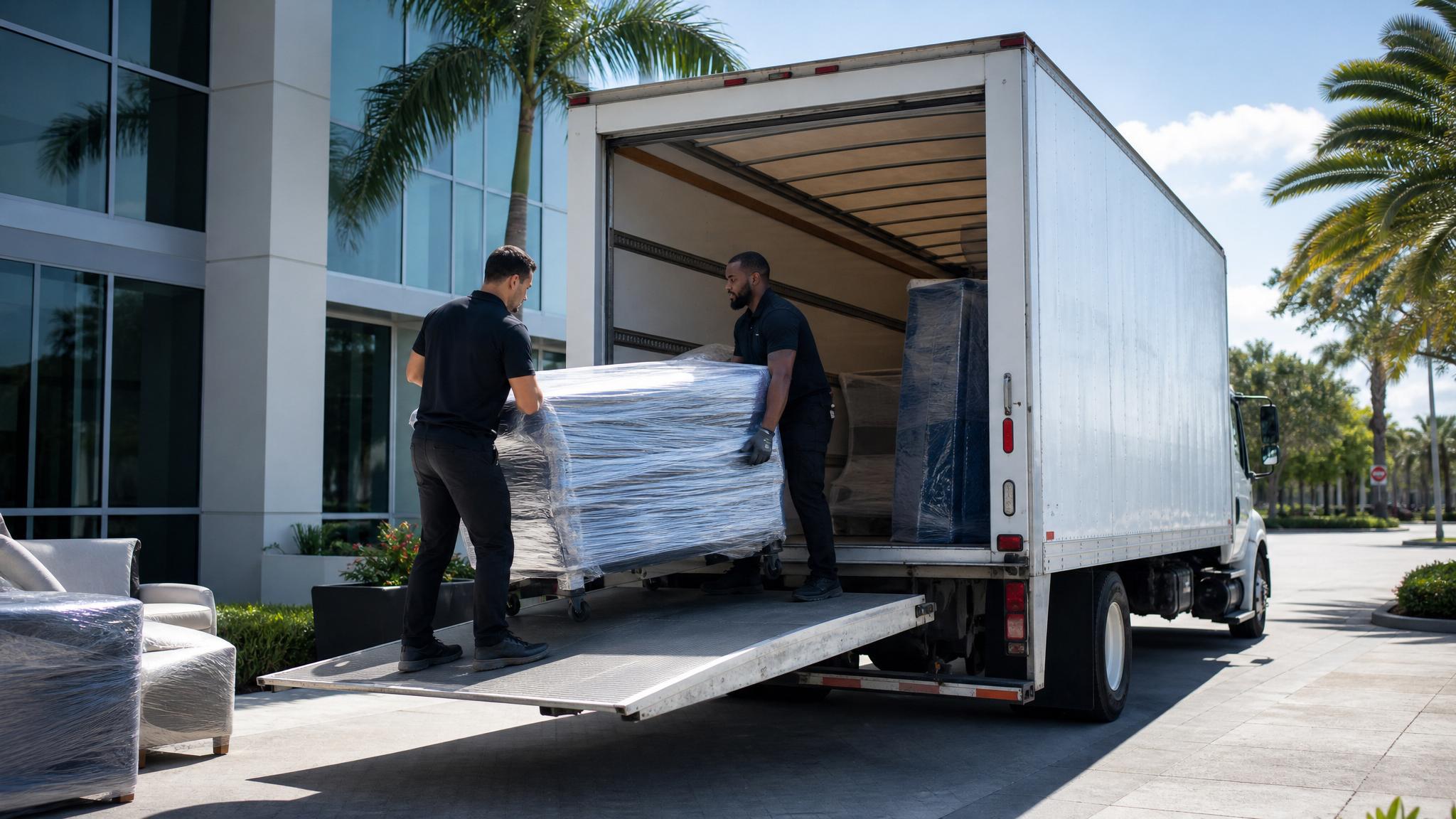 Florida furniture delivery team loading wrapped commercial furniture into a box truck